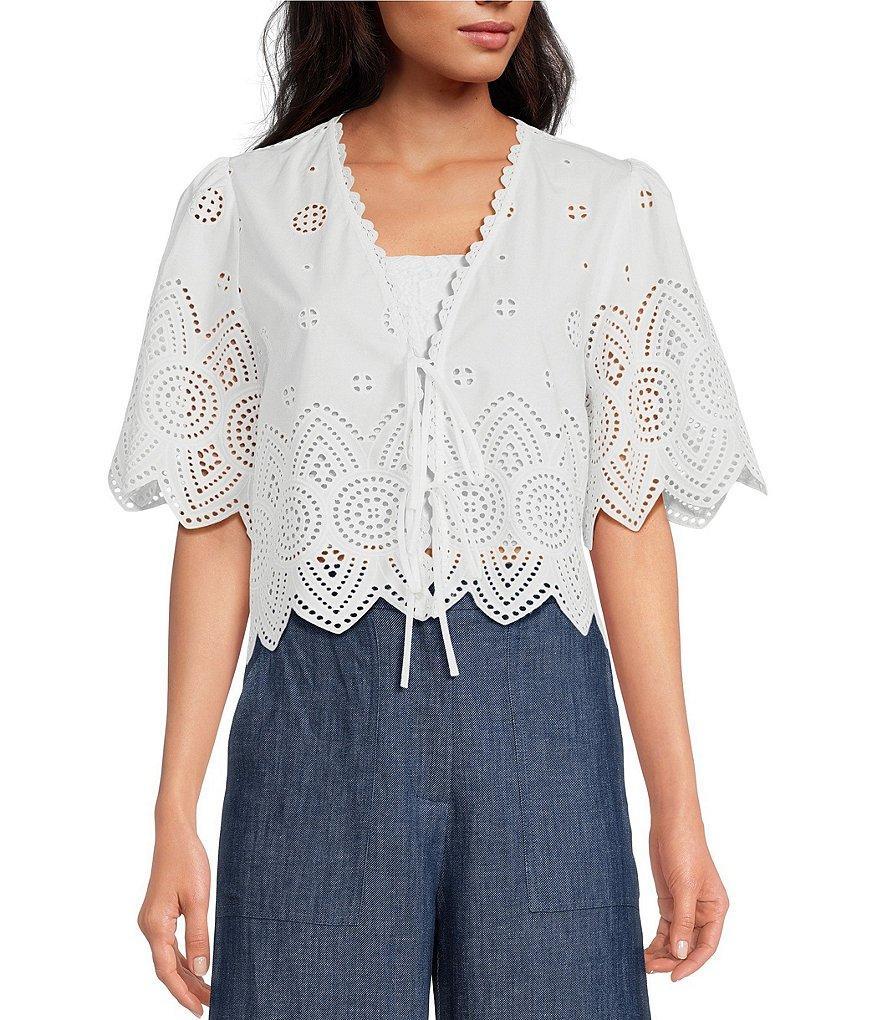 Lucy Paris Lace Embroidered V-Neck Short Sleeve Tie Front Top Product Image