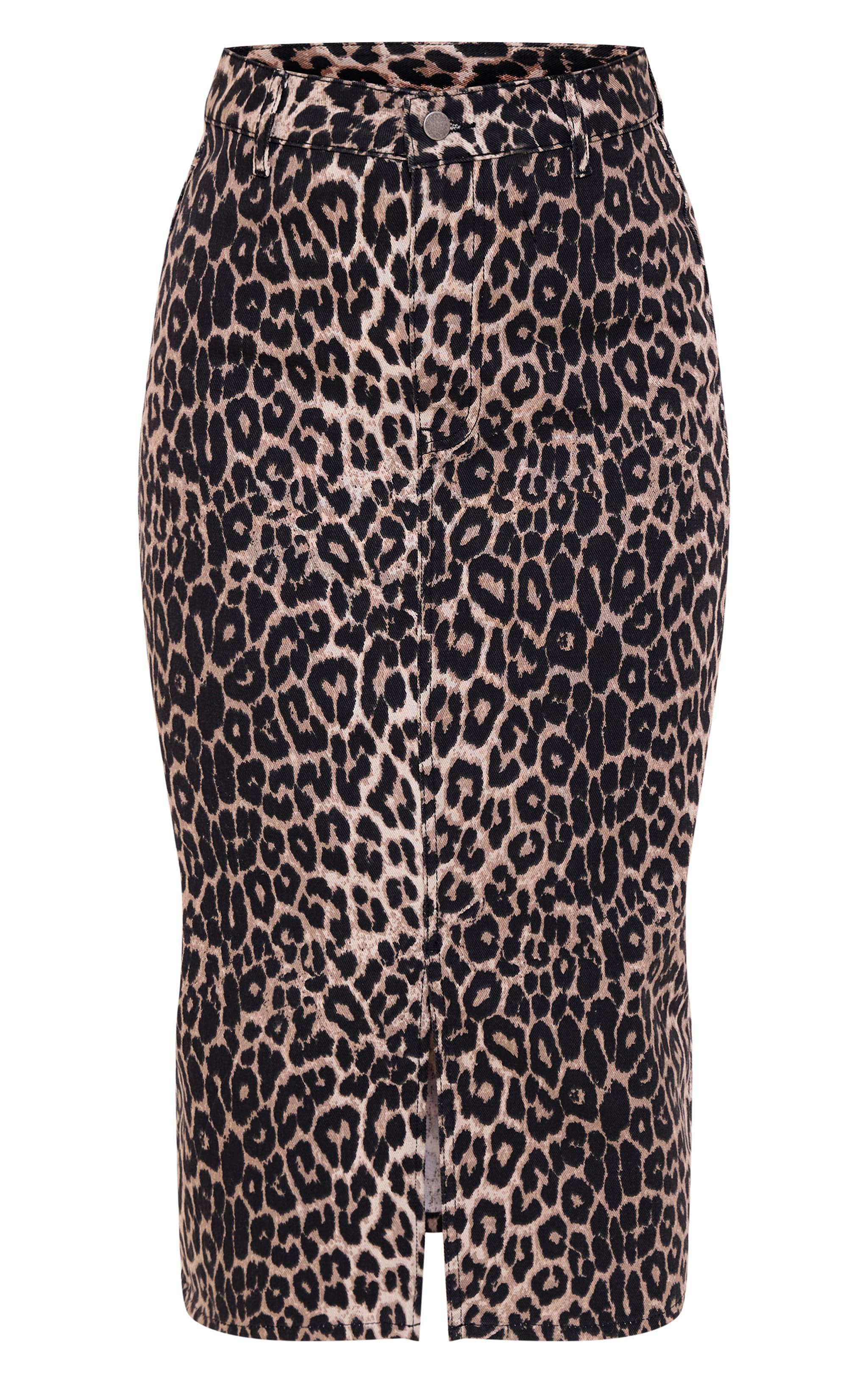 Brown Leopard Print Denim Midaxi Skirt Product Image