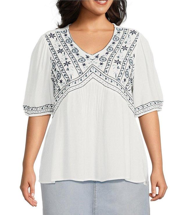 Nurture by Westbound Plus Size Embroidered V-Neck Puff Sleeve Blouse Product Image