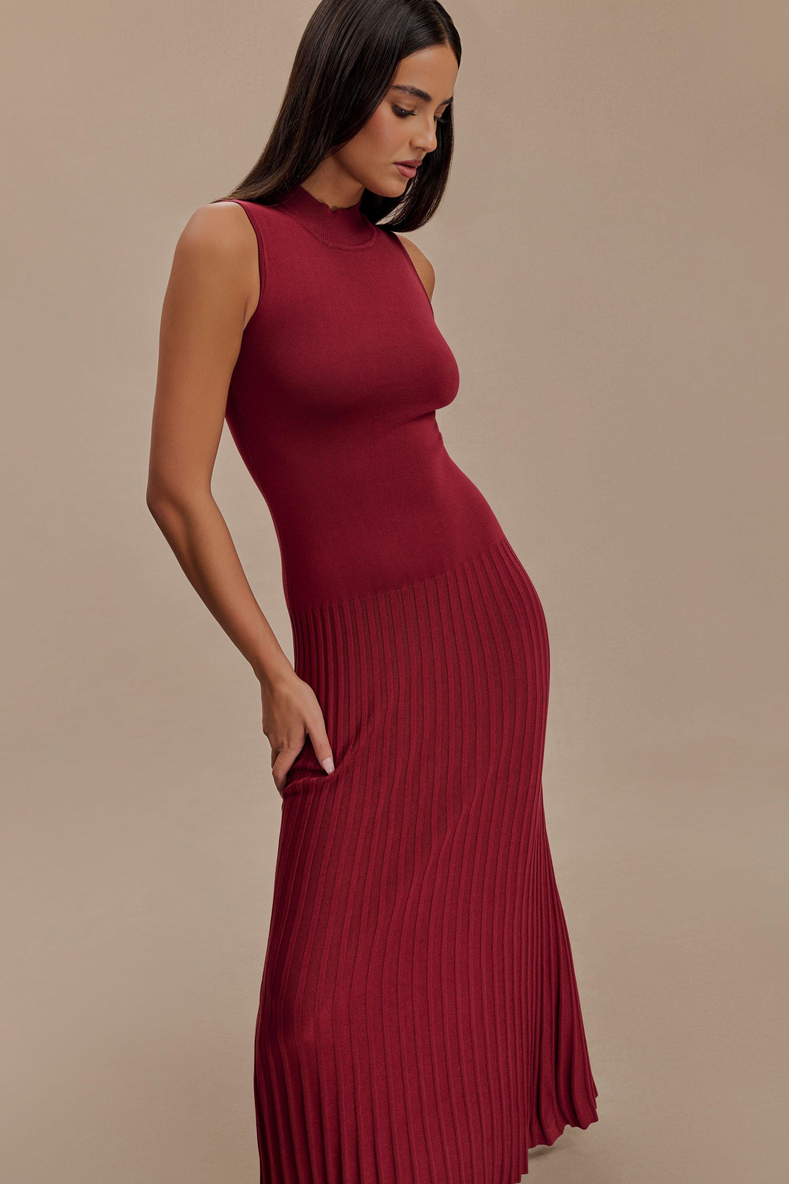 Mavis High Neck Pleated Maxi Dress - Mahogany Product Image