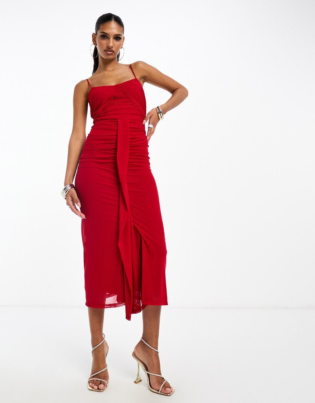 ASOS DESIGN cami ruched mesh midi dress in red Product Image