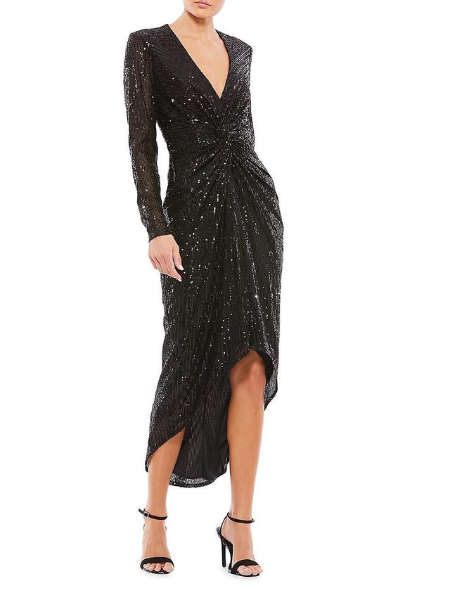 Mac Duggal Metallic Sequin Long Sleeve Faux Wrap Dress Product Image