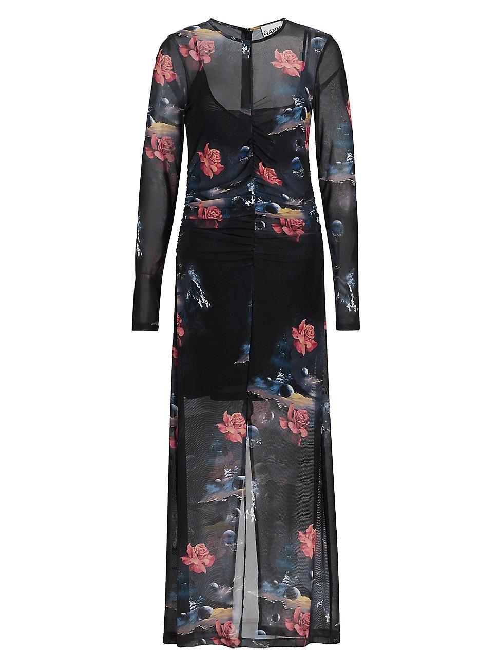 Ganni Floral Celestial Print Long Sleeve Mesh Maxi Dress Product Image