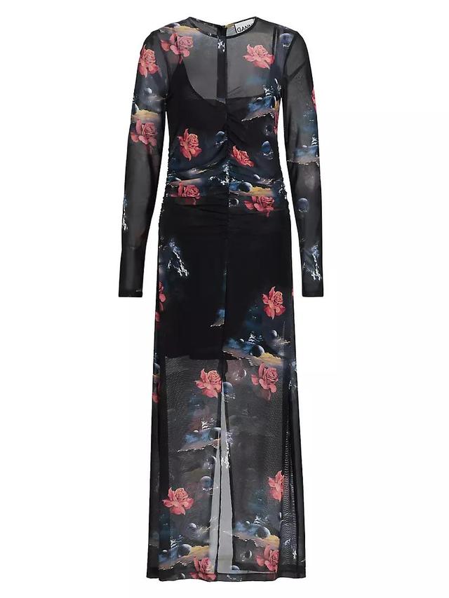 Ruched Floral Mesh Maxi Dress Product Image