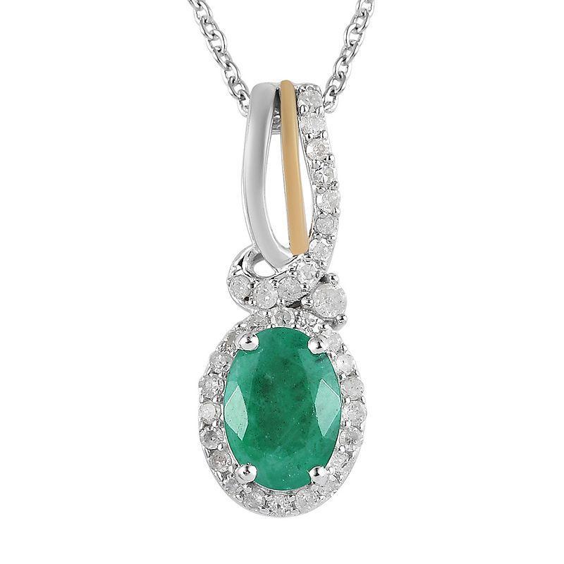 Two Tone Sterling Silver Oval Emerald & 1/6 Carat T.W. Diamond Pendant Necklace, Womens Product Image