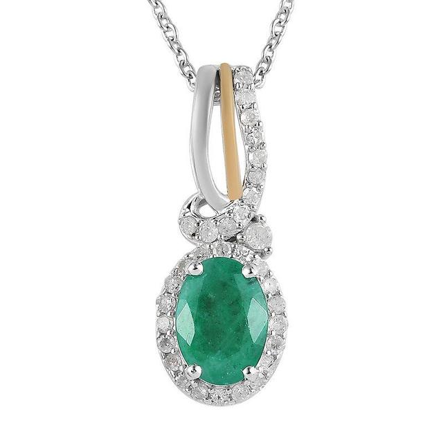 Two Tone Sterling Silver Oval Emerald & 1/6 Carat T.W. Diamond Pendant Necklace, Womens Product Image