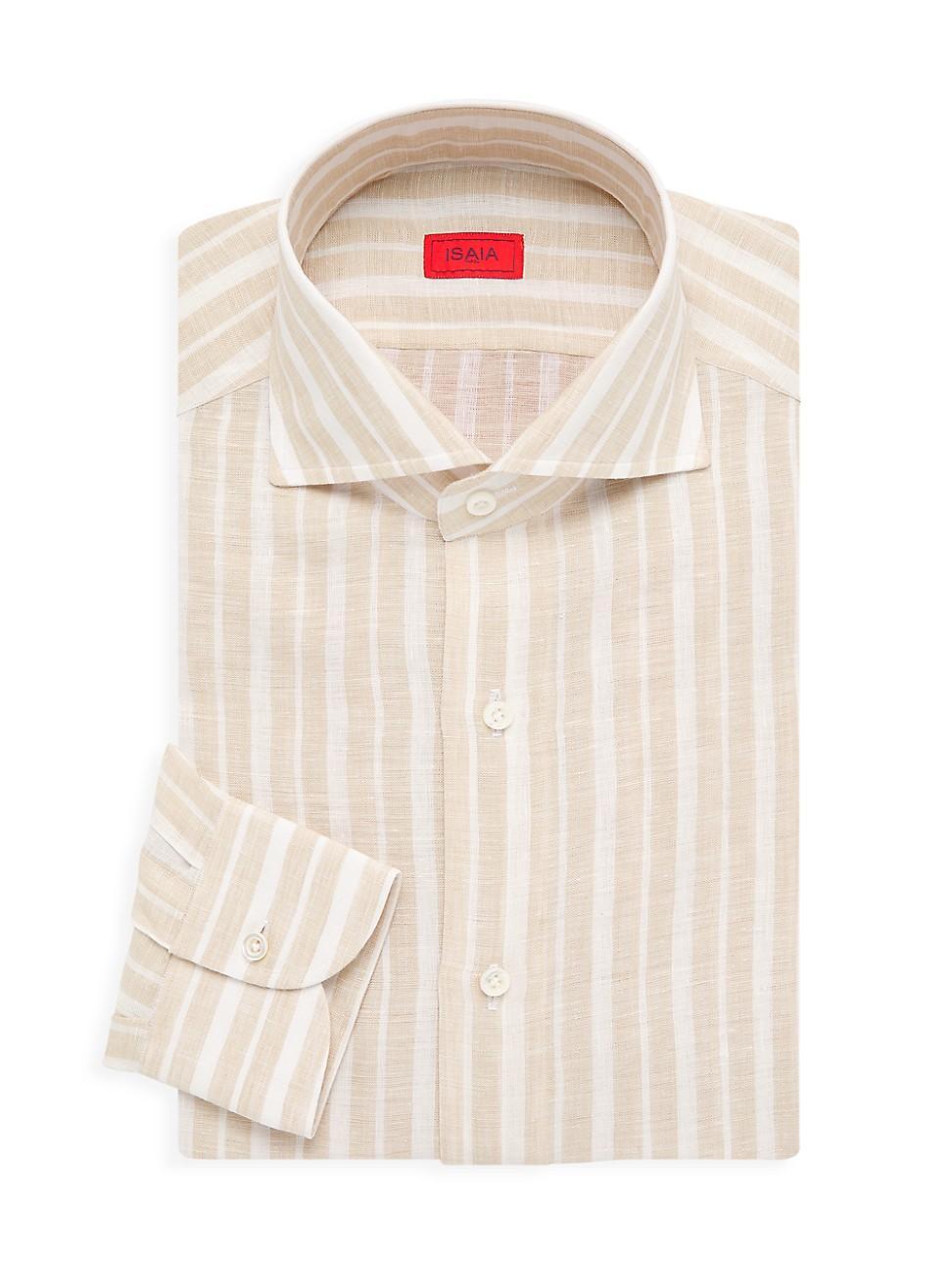 Mens Striped Linen Dress Shirt - Beige - Size 16 Product Image