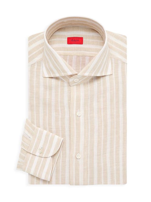 Mens Striped Linen Dress Shirt - Beige - Size 16 Product Image