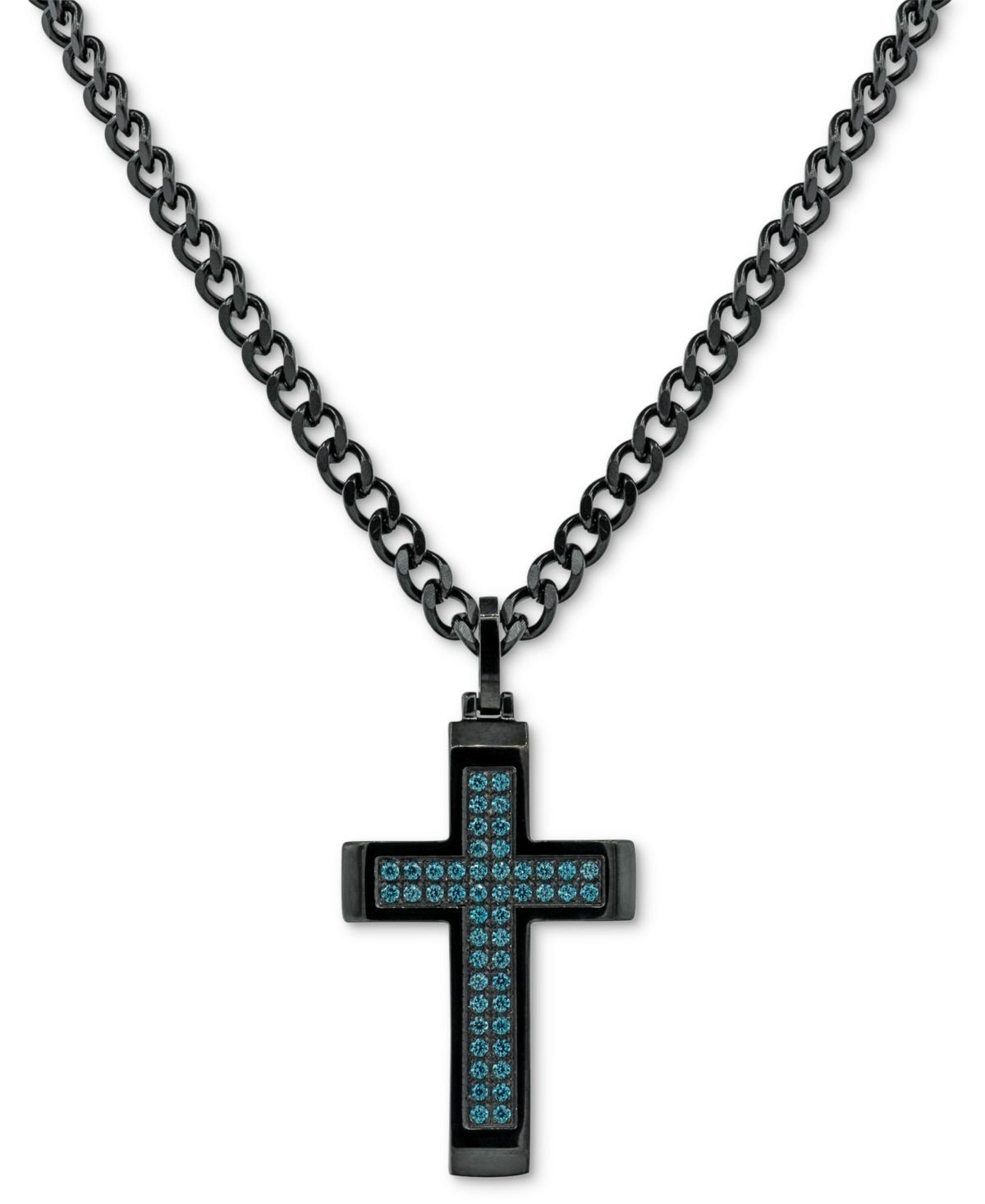 Mens Cubic Zirconia Cross 24 Pendant Necklace Ion-Plated Stainless Steel - Black Product Image