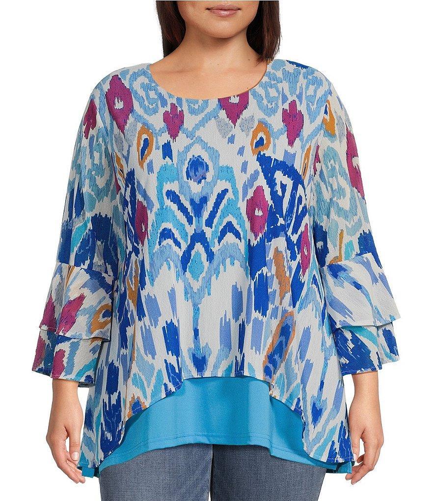 Calessa Plus Size Abstract Foulard Print Mesh Knit Scoop Neck Wrist Length Sleeve Hi-Low Overlay Tunic Product Image