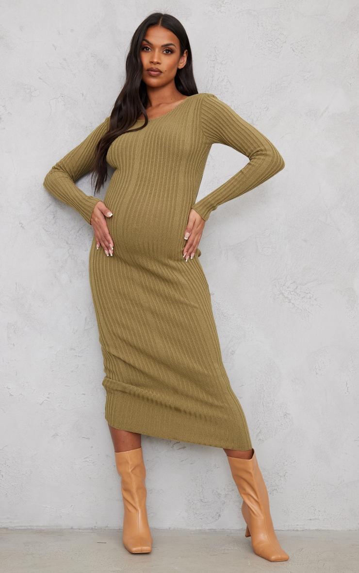 Maternity Khaki Knitted Midaxi Tie Back Bodycon Dress Product Image