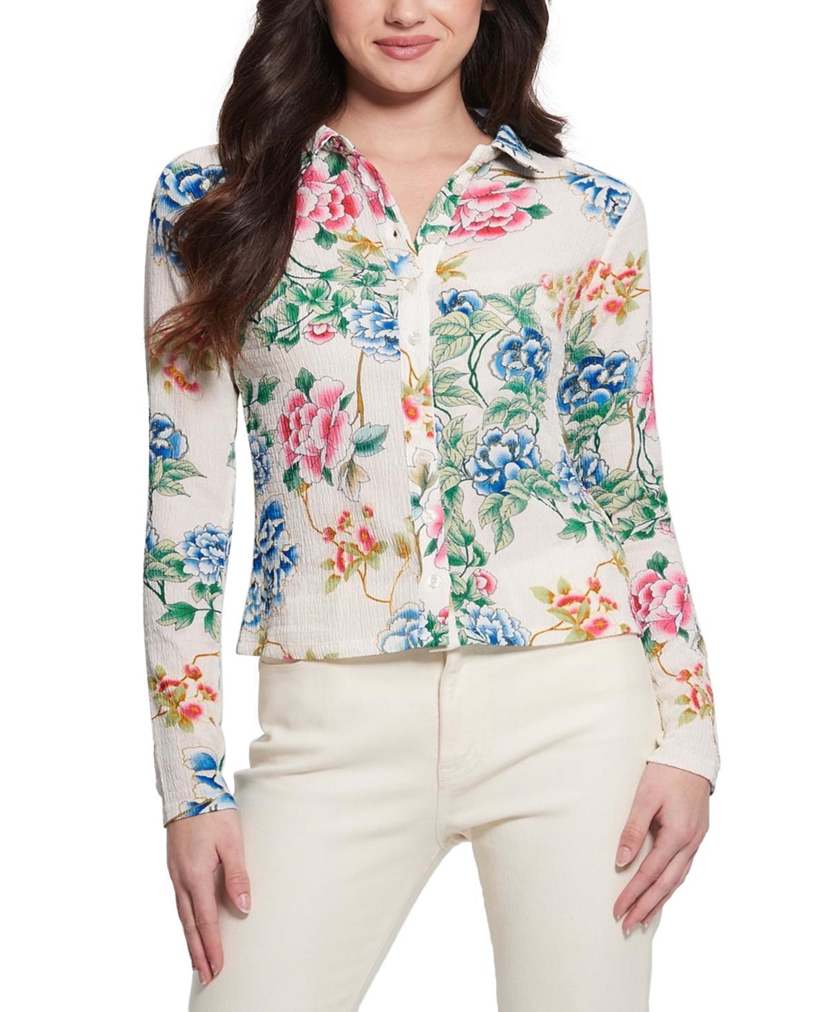 Guess Womens Tessa Smocked Button-Down Long-Sleeve Top Product Image