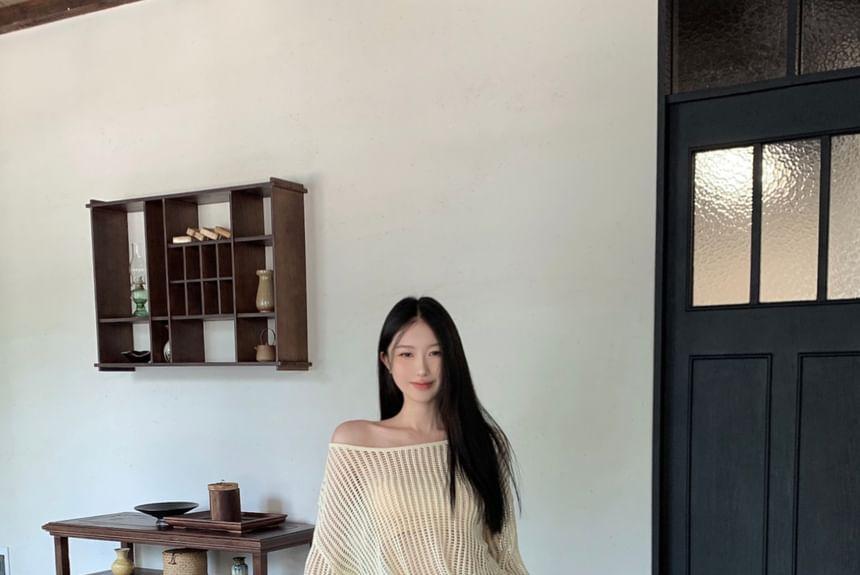 Long-Sleeve Off-Shoulder Plain Perforated Top Product Image