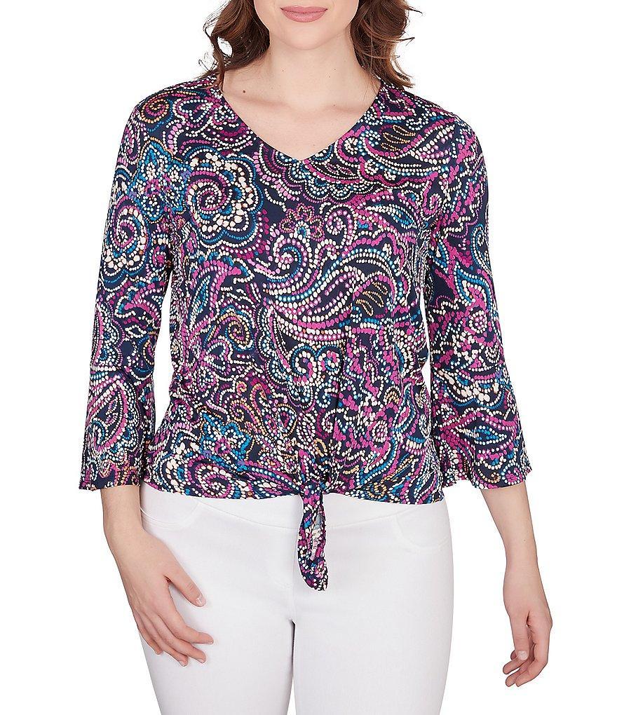 Ruby Rd. Petite Size Puff Brocade Print Knit V-Neck 3/4 Flare Sleeve Tie-Front Top Product Image