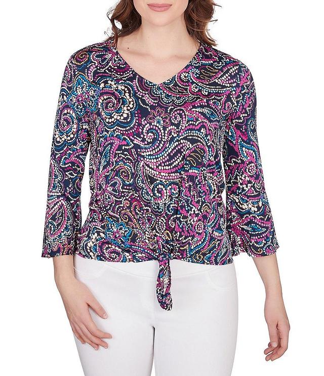 Ruby Rd. Petite Size Puff Brocade Print Knit V-Neck 3/4 Flare Sleeve Tie-Front Top Product Image