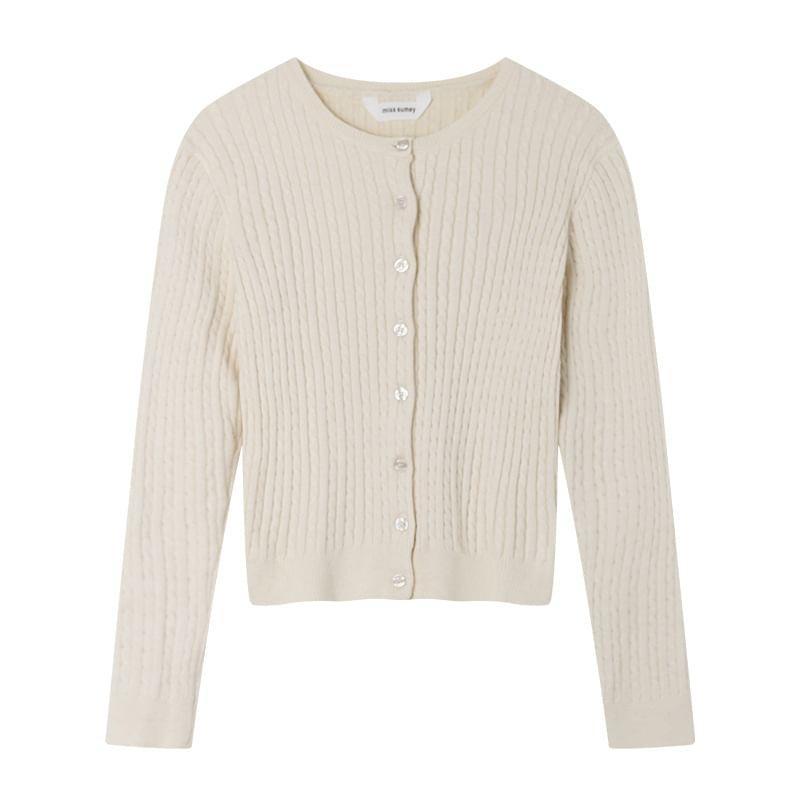 Round Neck Plain Cable Knit Cardigan Product Image