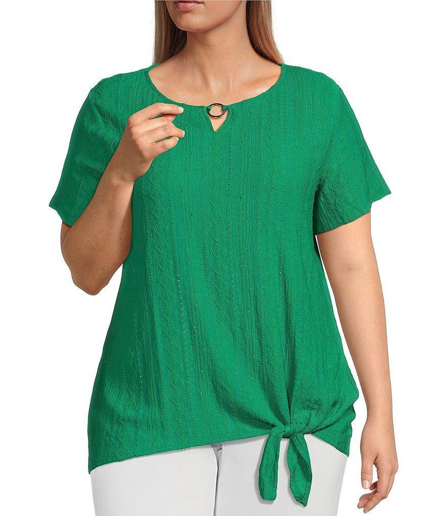 Allison Daley Plus Size Short Sleeve Keyhole Neck Diamond Eyelet Side Tie Front Knit Top Product Image