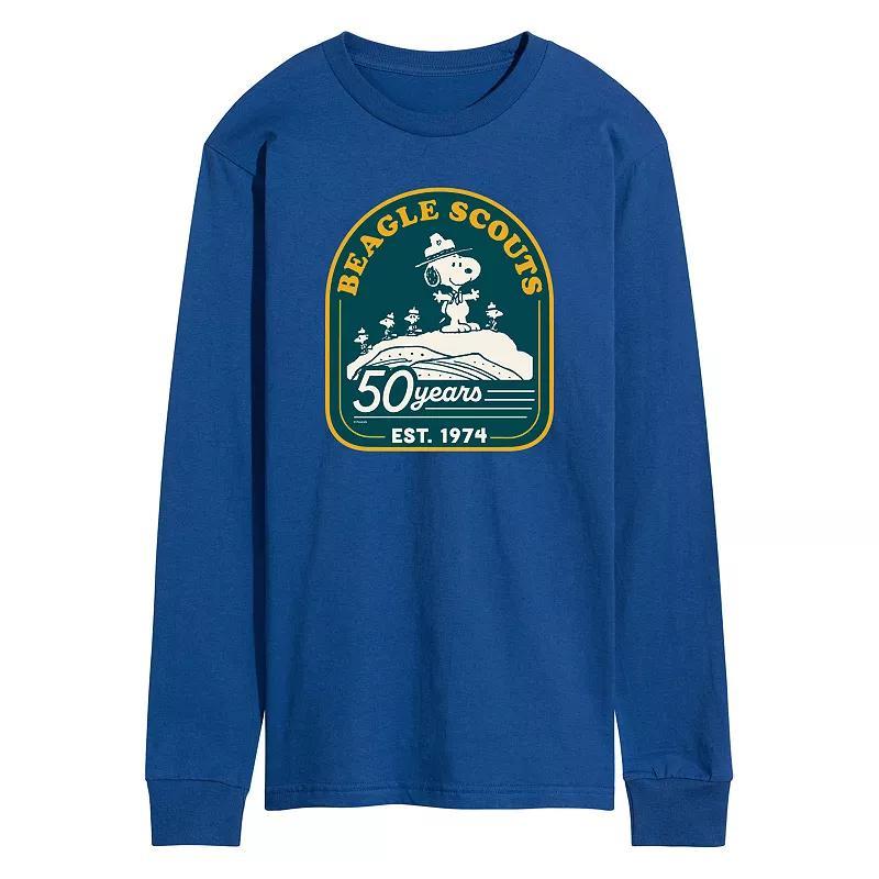 Mens Peanuts Beagle Scout 50 Year Mountain Long Sleeve Graphic Tee Blue Product Image