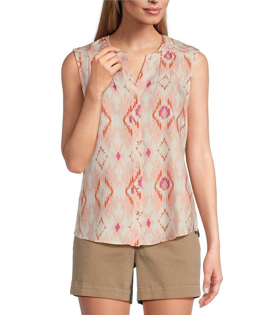 Westbound Cream Ikat Print Woven Sleeveless Button Front Blouse Product Image