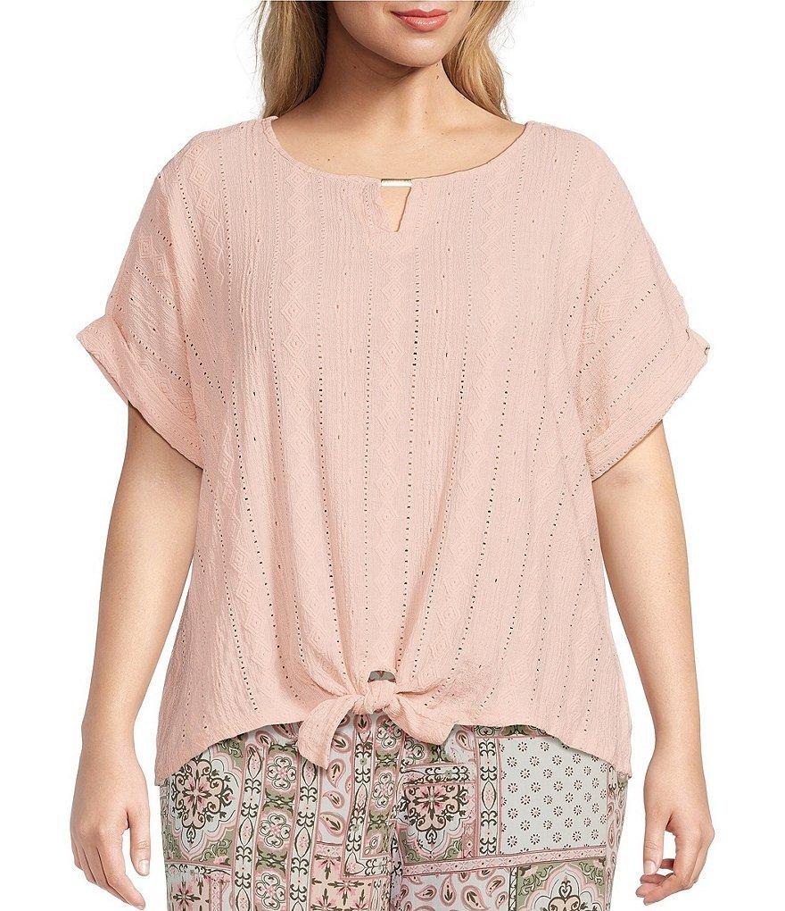 Allison Daley Plus Size Cap Sleeve Keyhole Neck Tie Front Hem Eyelet Knit Top Product Image