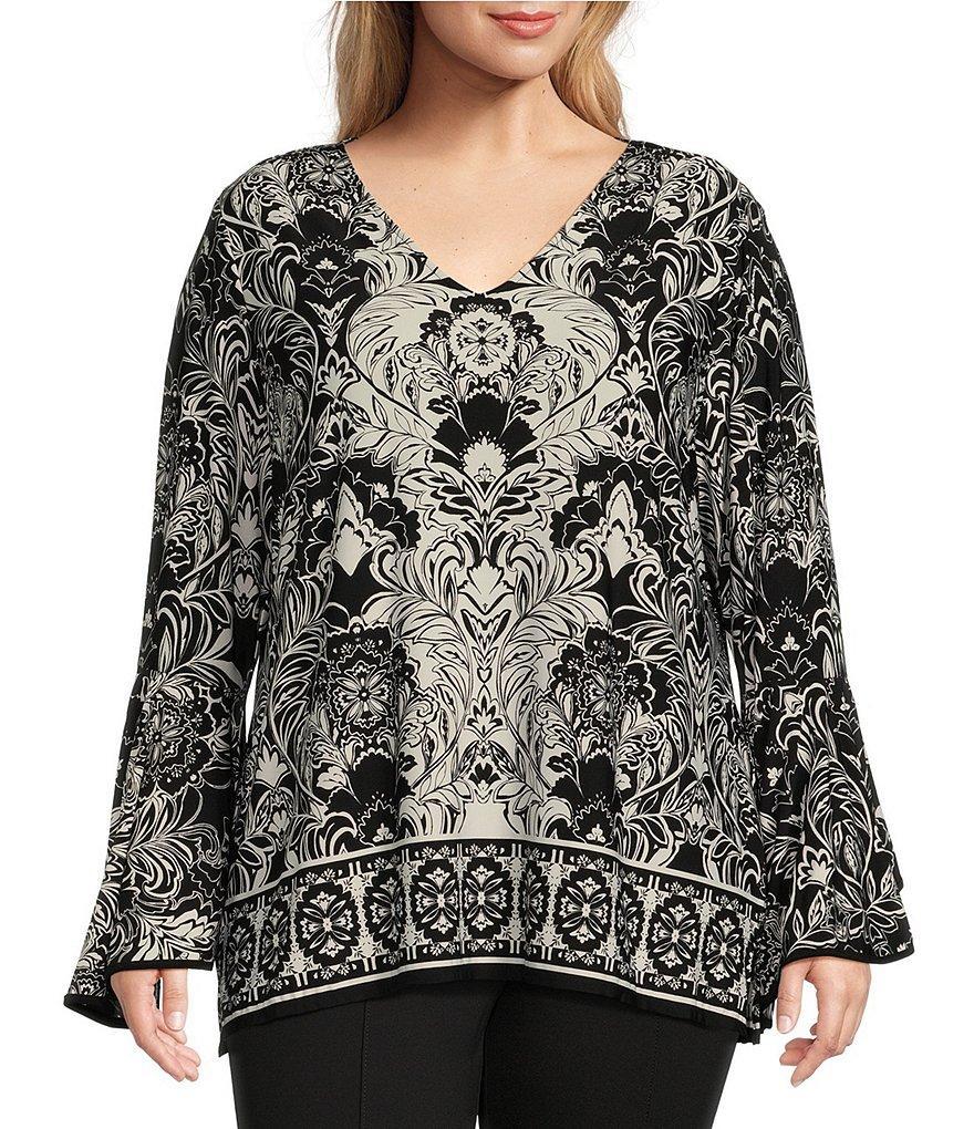 Slim Factor by Investments Plus Size Stylized Floral Border Print Ruffle 3/4 Sleeve V-Neck Top product image