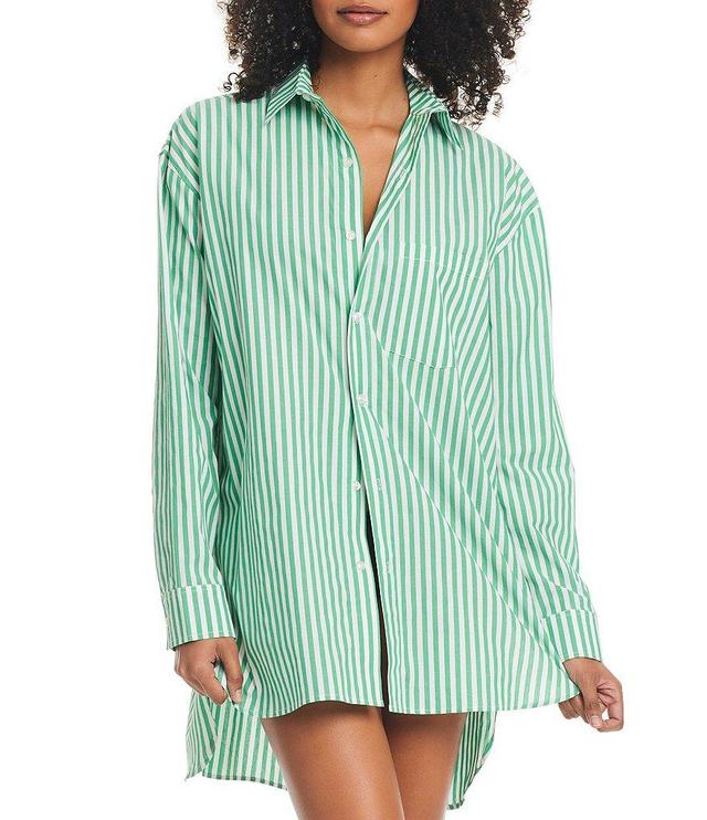 Sanctuary Venice Beach Stripe Print Point Collar Long Sleeve Button Front Swim Dress Cover-Up Product Image