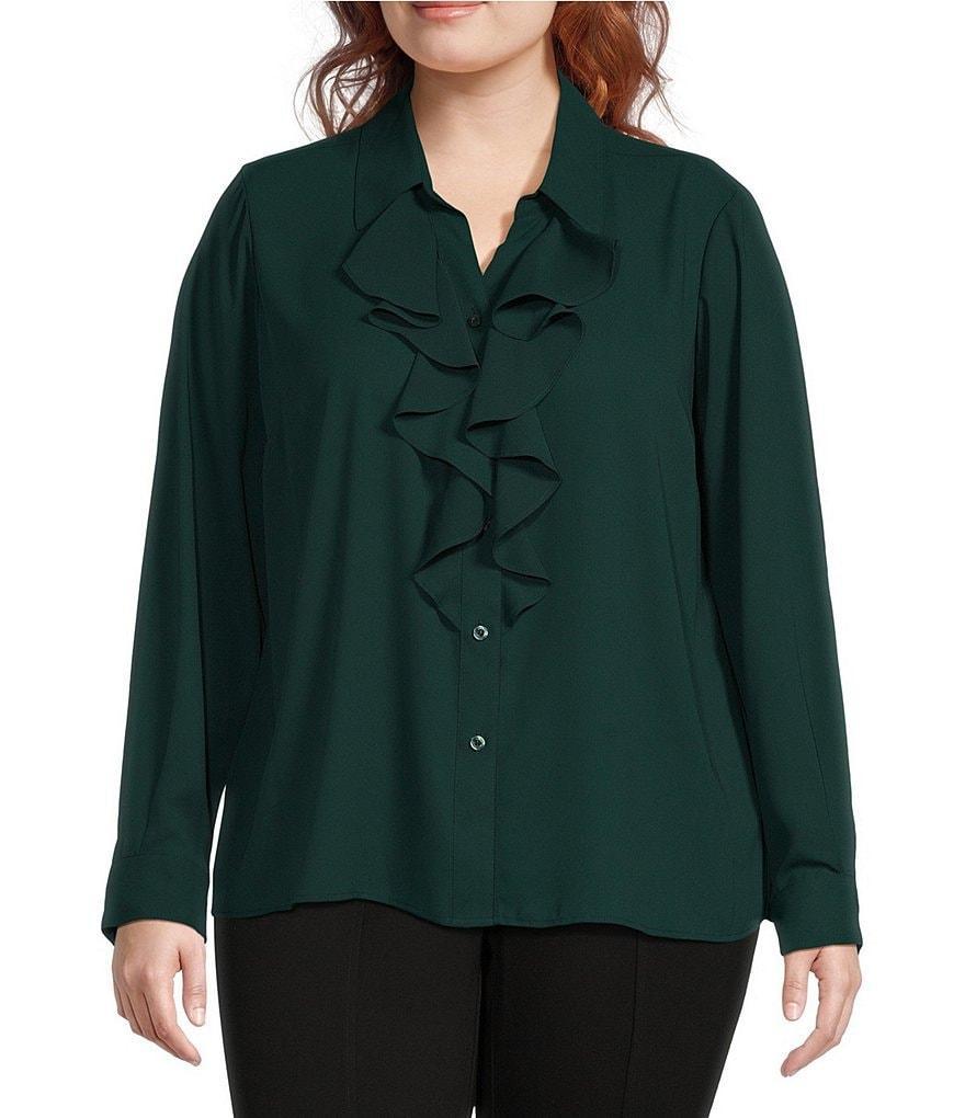 Calvin Klein Plus Size Collared Long Sleeve Ruffle Front Blouse Product Image