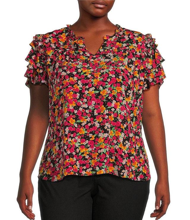 Calessa Plus Size Woven Floral Print Split V-Neck Short Sleeve Ruffle Pullover Top Product Image