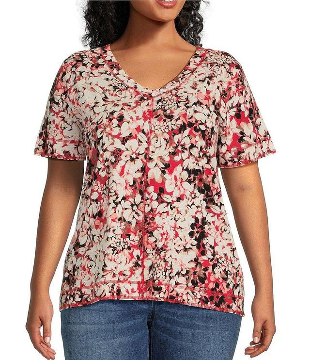 Westbound Plus Size Knit Floral Printed Short Sleeve V-Neck Top Product Image