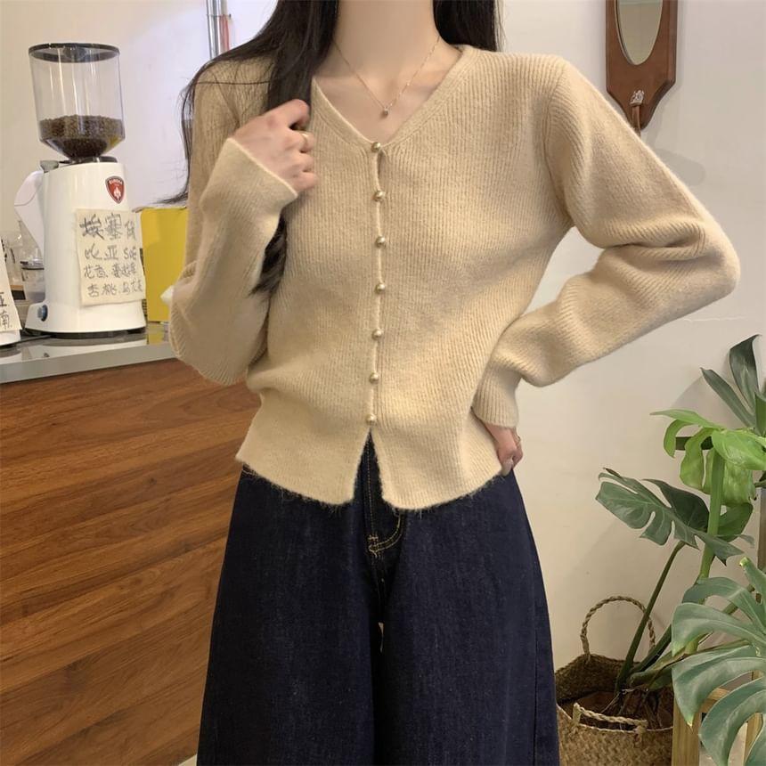 V-Neck Plain Button-Up Crop Cardigan Product Image