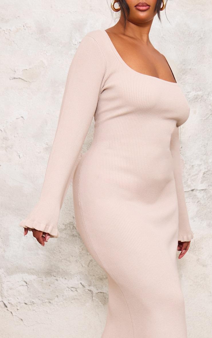 Plus Beige Rib Knit Piquet Hem Midi Dress Product Image