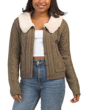 Long Sleeve Cable Knit Cardigan With Faux Fur Collar for Women | Acrylic Product Image