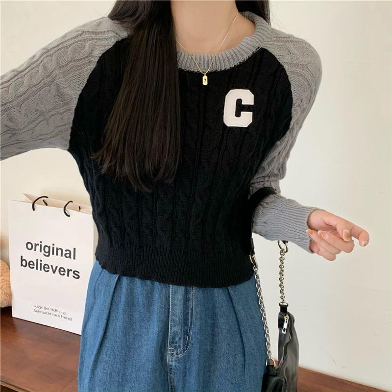 Long-Sleeve Crewneck Lettering Raglan Crop Knit Top Product Image