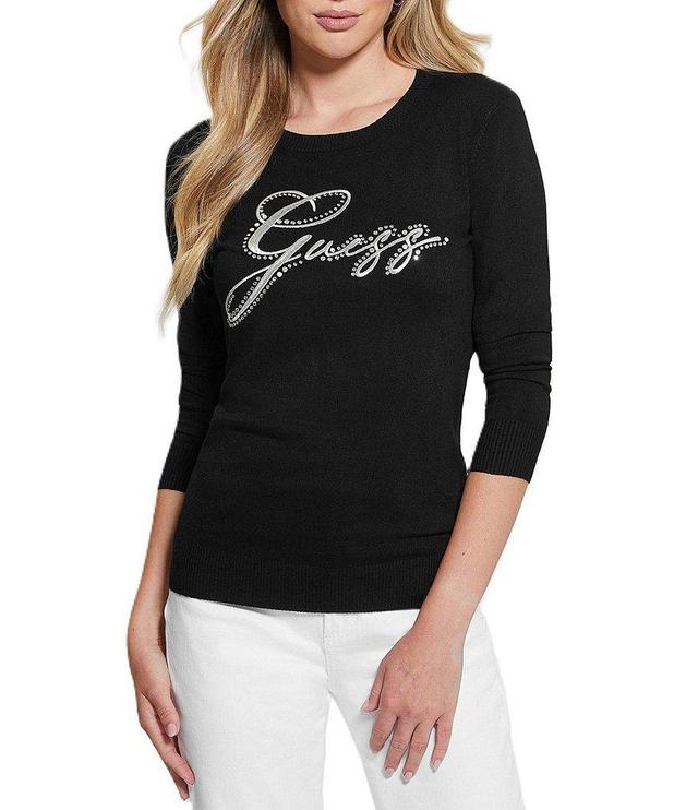 Guess Olive Logo Rhinestone Long Sleeve Sweater Product Image