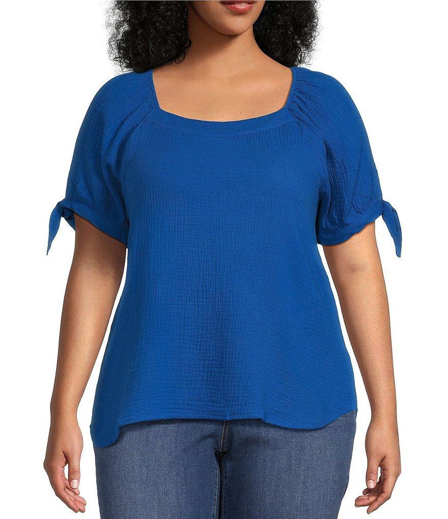 Leo & Nicole Plus Size Square Neck Short Tie Sleeve Crinkle Gauze Top Product Image