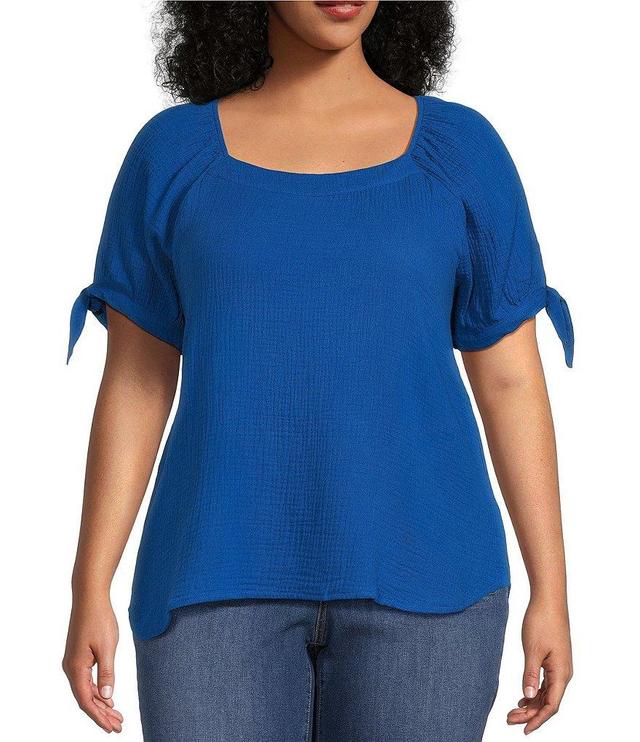 Leo & Nicole Plus Size Square Neck Short Tie Sleeve Crinkle Gauze Top Product Image