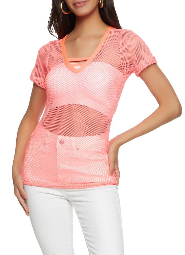 Womens Fishnet Caged V Short Sleeve Top Product Image