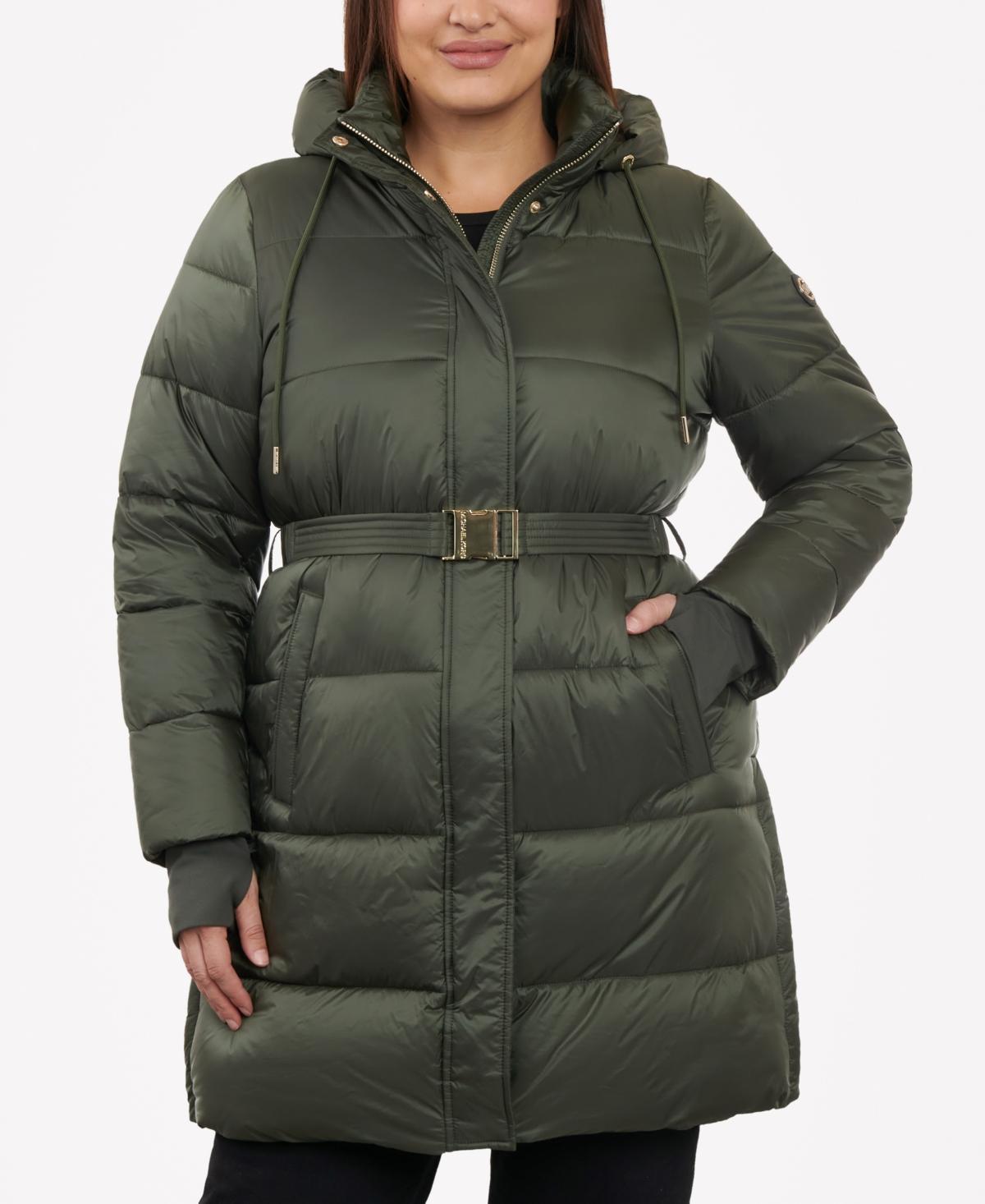 Michael Michael Kors Womens Plus Size Hooded Belted Puffer Coat Product Image