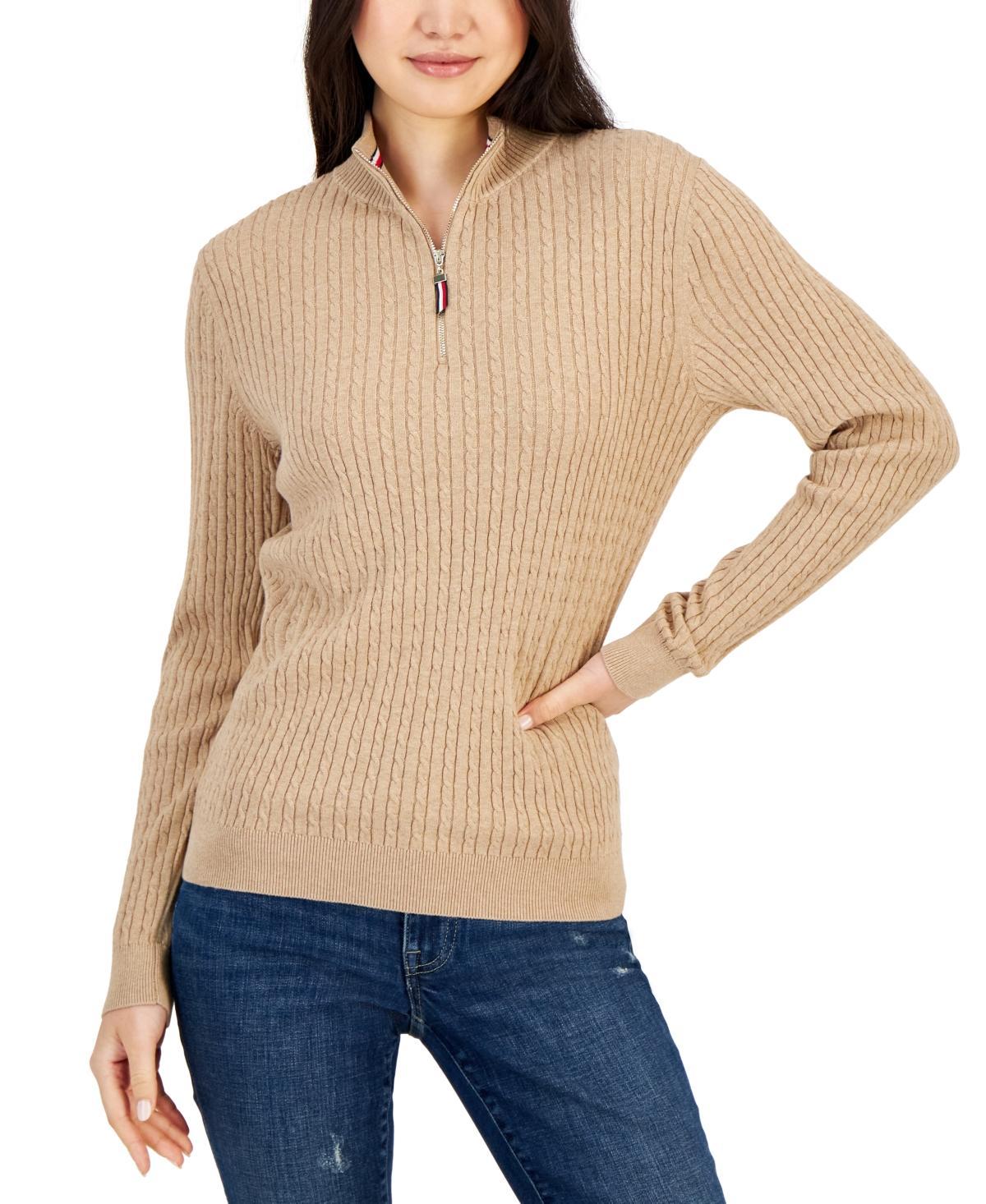 Tommy Hilfiger Womens Cotton Quarter-Zip Cable-Knit Sweater Product Image