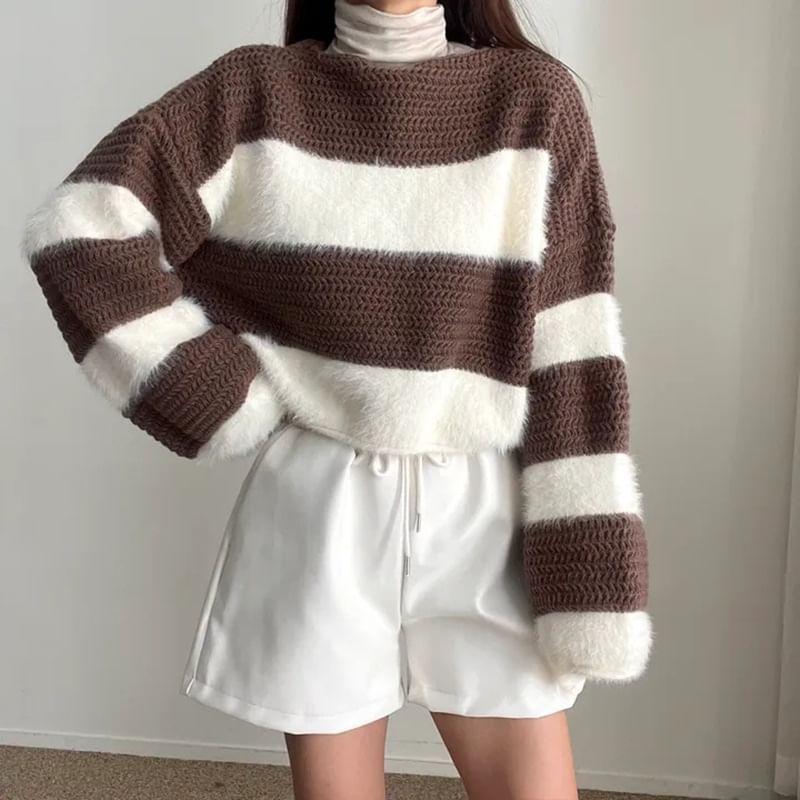 Boat Neck Striped Cropped Sweater Product Image