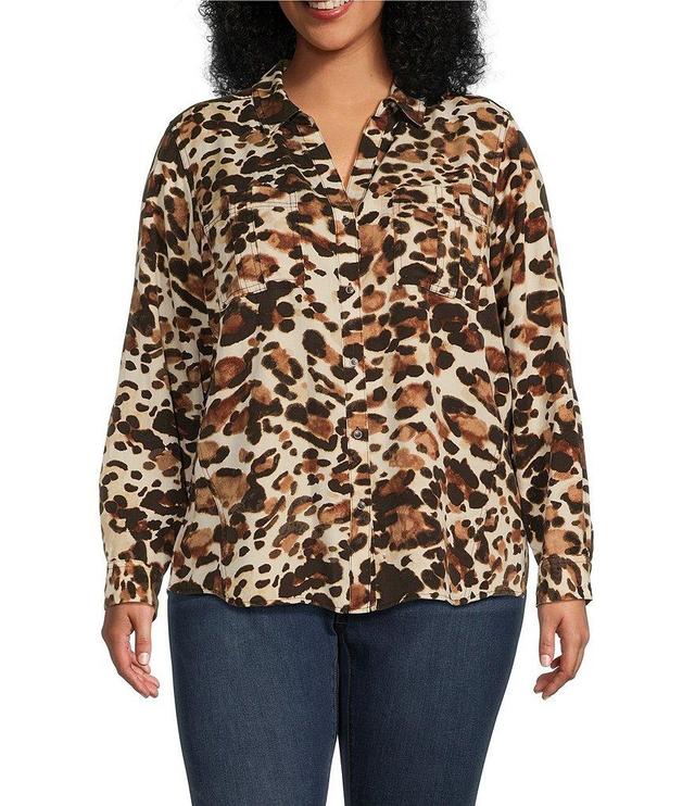 Westbound Plus Size Leopard Print Woven Long Roll-Tab Sleeve Point Collar Y-Neck Button Front Shirt Product Image