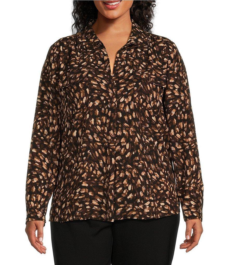 Investments Plus Size Woven Long Sleeve V-Neck One Button Closure Blouse Product Image