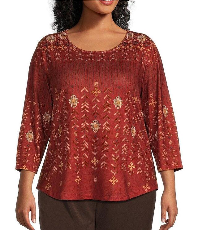 Allison Daley Plus Size Embellished Folk Stitch Spice Print 3/4 Sleeve Crew Neck Knit Top Product Image