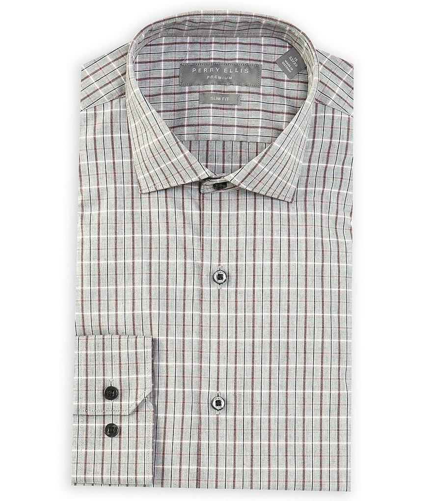 Perry Ellis Slim Fit Spread Collar Melange Plaid Dress Shirt Product Image