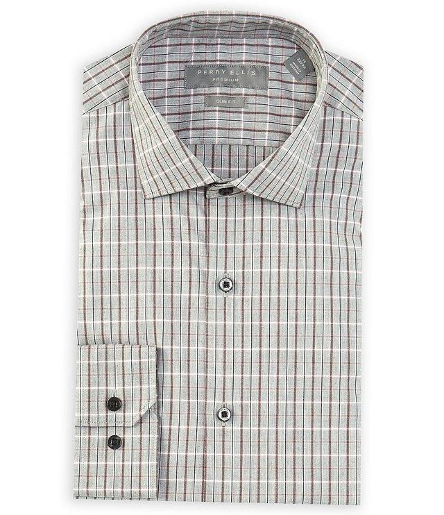 Perry Ellis Slim Fit Spread Collar Melange Plaid Dress Shirt Product Image