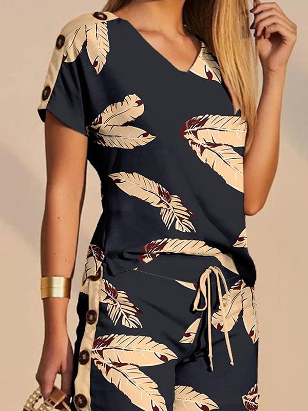 Short Sleeves Buttoned Drawstring Leaves Print Split-Side V-Neck T-Shirt + Shorts Two Pieces Set Product Image