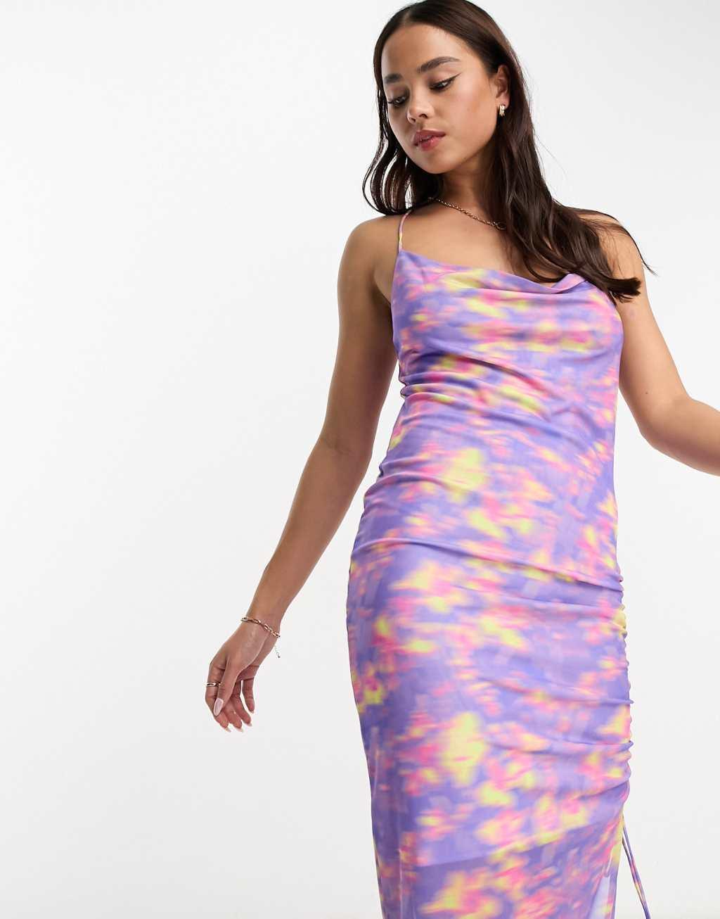 Monki mesh cami gathered midi dress in blurred flower print Product Image