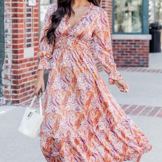 It's All A Dream Rust Multi Paisley Satin Ruffle Trim Maxi Dress FINAL SALE Product Image