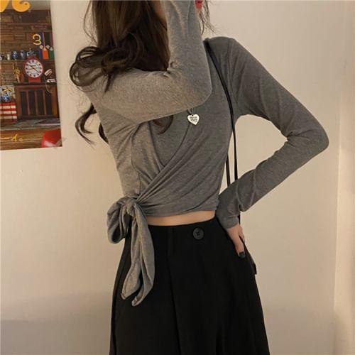 Long-Sleeve Round Neck Plain Tie-Side Crop Tee Product Image