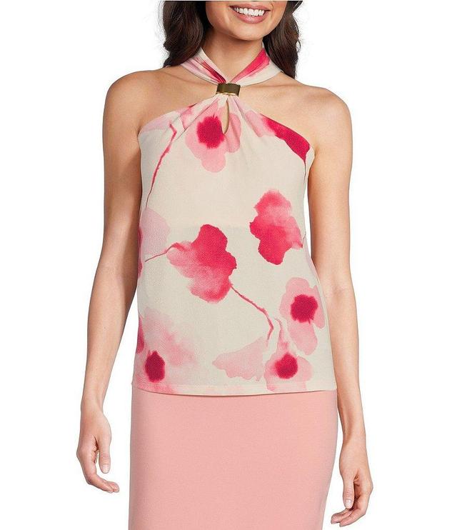 Donna Karan Floral Stretch Crepe Jersey Halter Keyhole Neck Sleeveless Top Product Image